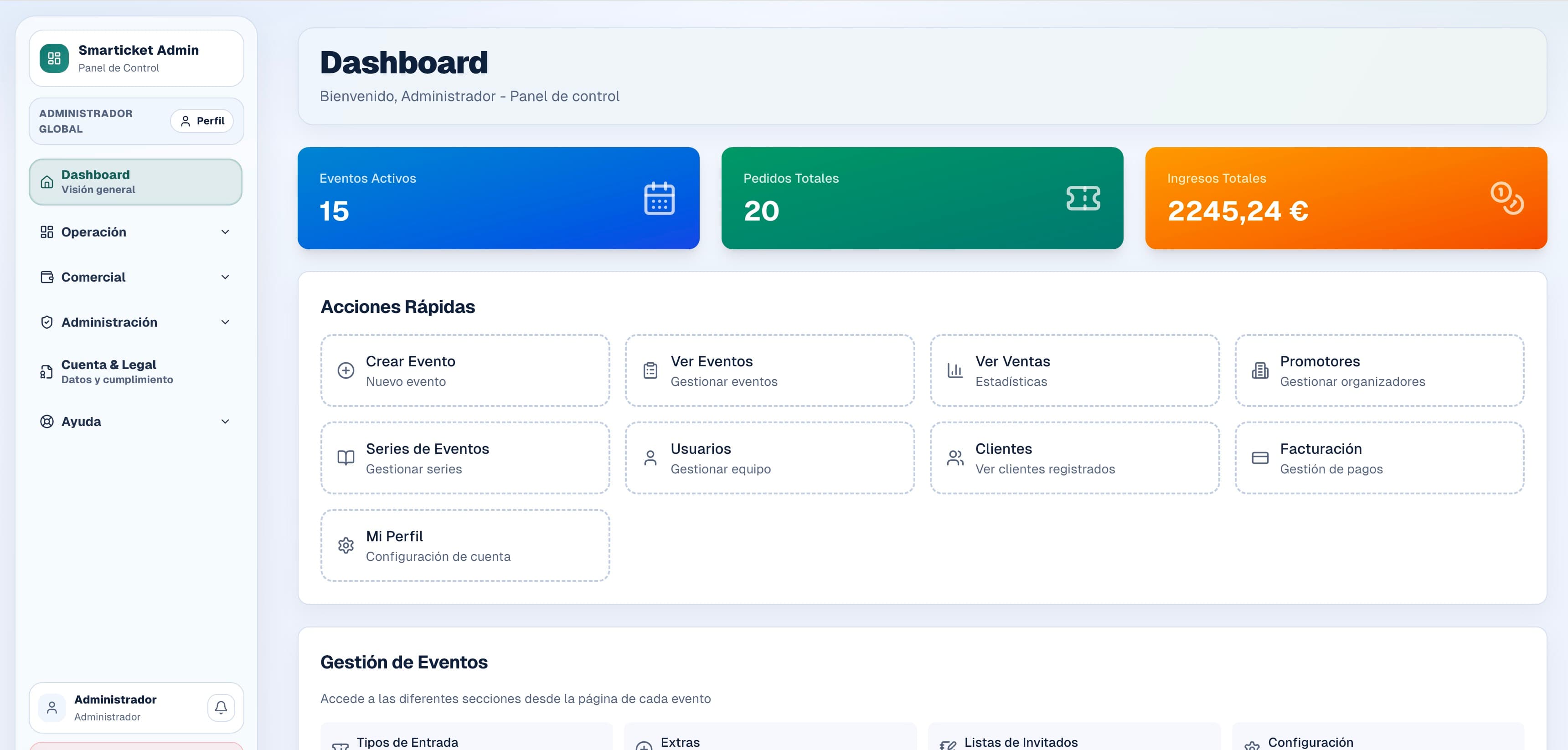 Panel de administración de Smarticket — gestión de eventos, ventas y equipos
